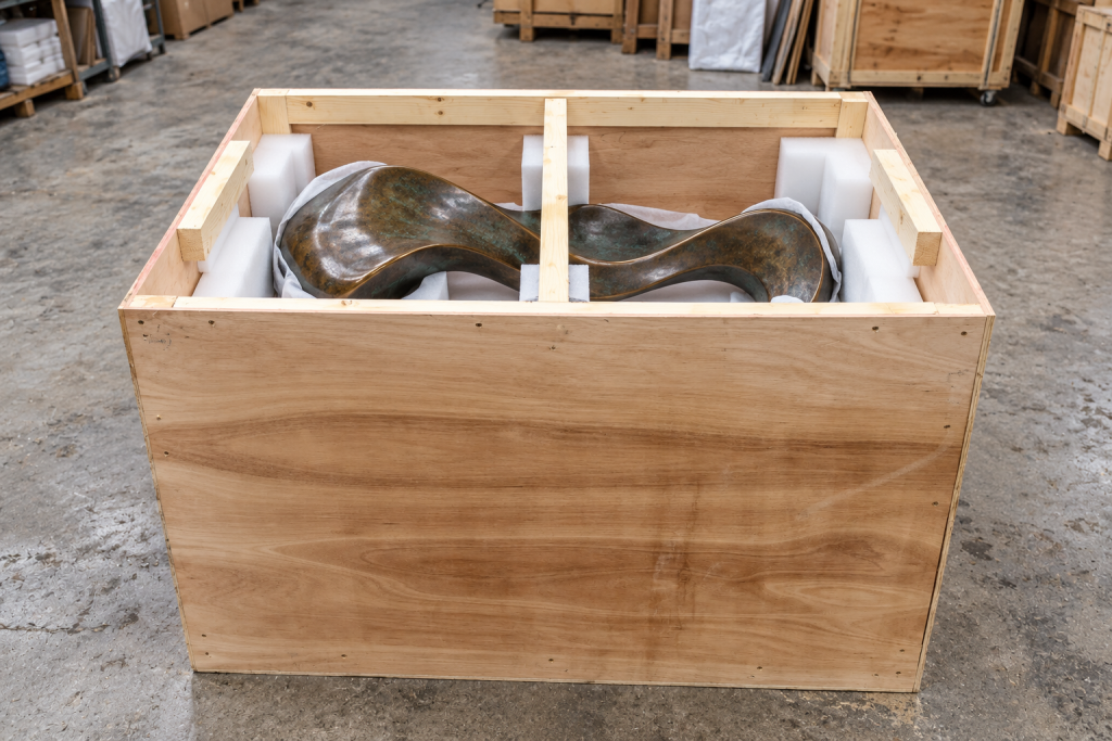 Abstract bronze sculpture inside a plywood shipping crate with fitted foam padding and a timber cross brace.