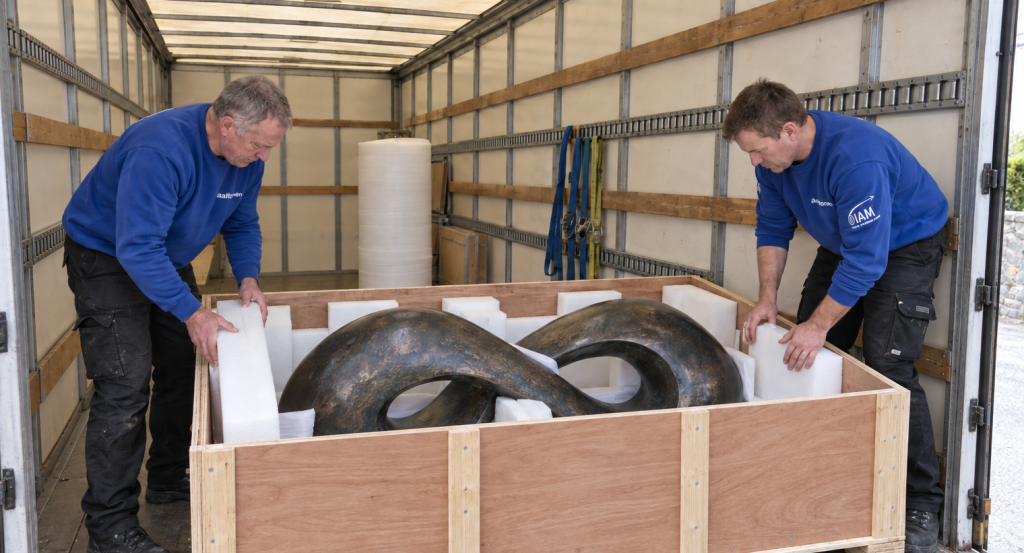 Two art handlers fitting protective foam around a modern sculpture inside a custom wooden shipping crate.