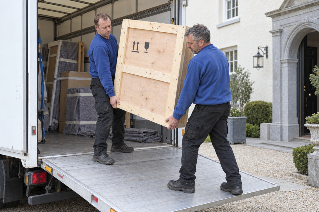 Two art handlers guiding a large wooden crate on a wheeled dolly across a truck tail lift outside a gallery.