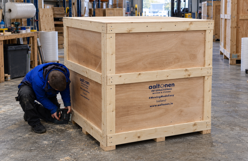 Worker fastening timber bracing to an Aaltonen plywood shipping crate in a warehouse.