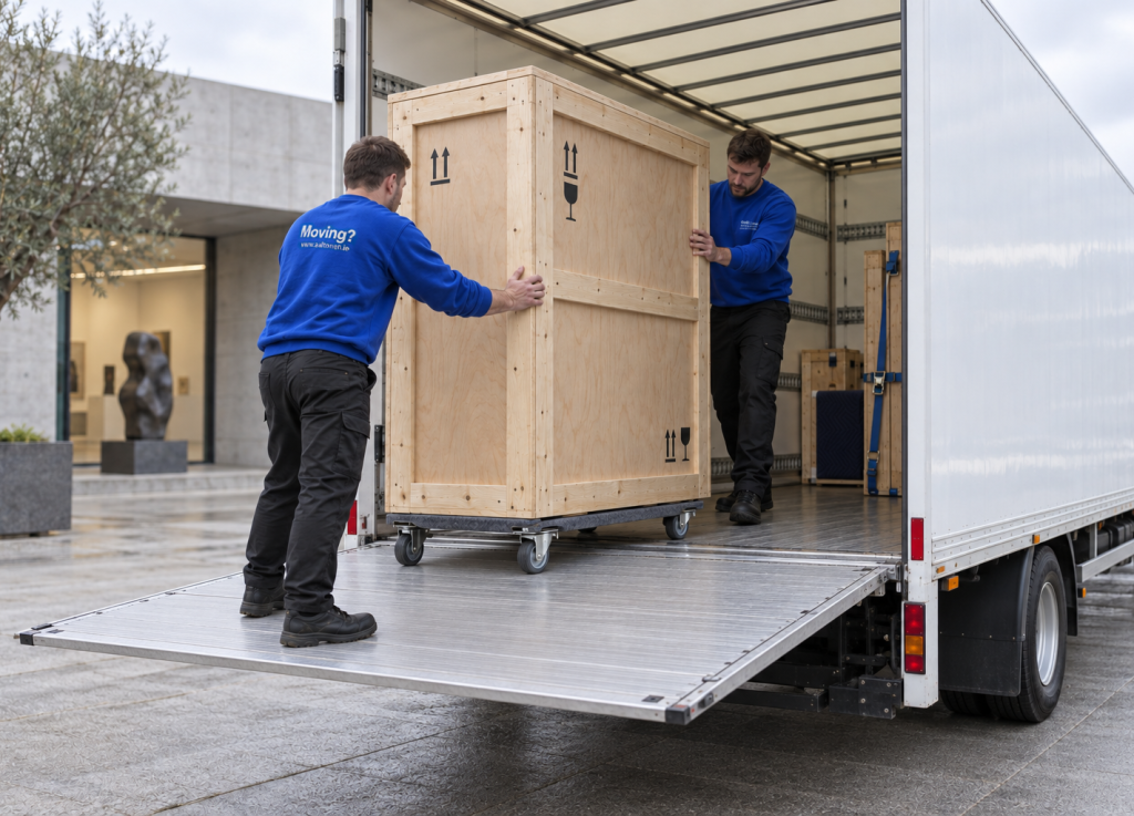 Two art handlers carrying a wooden artwork crate marked fragile on the tail lift of a removal truck.