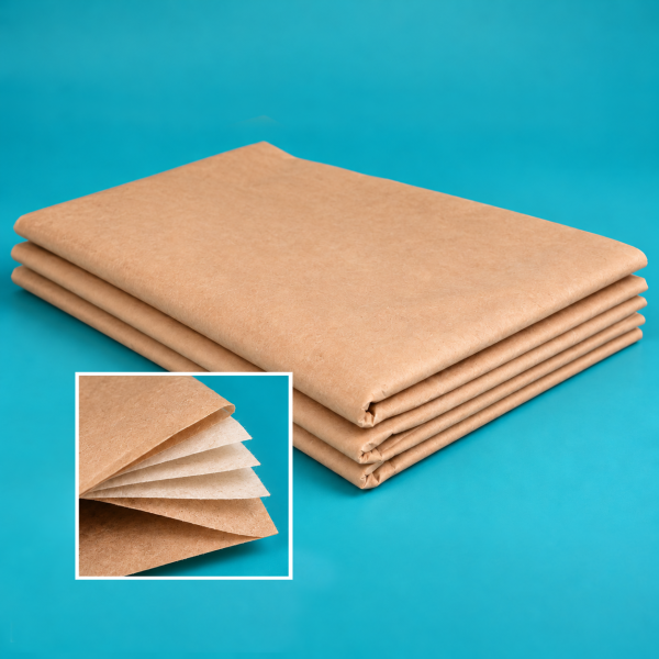 5 Ply Paper Moving Blanket – 1080 × 1800mm Folded 5 ply kraft paper moving blanket on a teal background, with a close-up showing its five paper layers.
