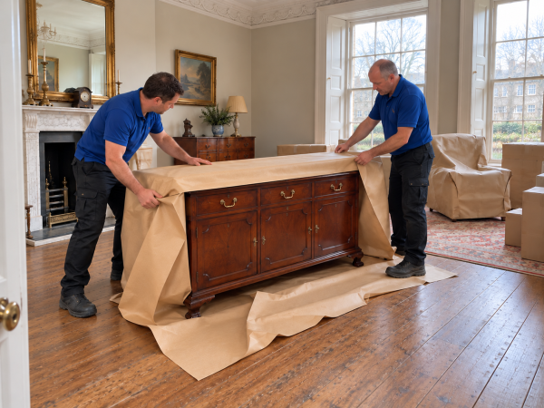 Two movers wrapping an antique wooden sideboard with 5 ply kraft paper blankets in a Georgian house.
