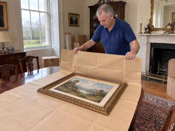 Mover preparing to wrap a framed landscape painting in a 5 ply paper blanket on a dining table.