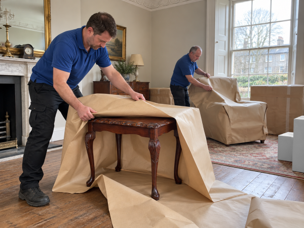 Movers wrapping an antique wooden table and an armchair with 5 ply paper moving blankets.